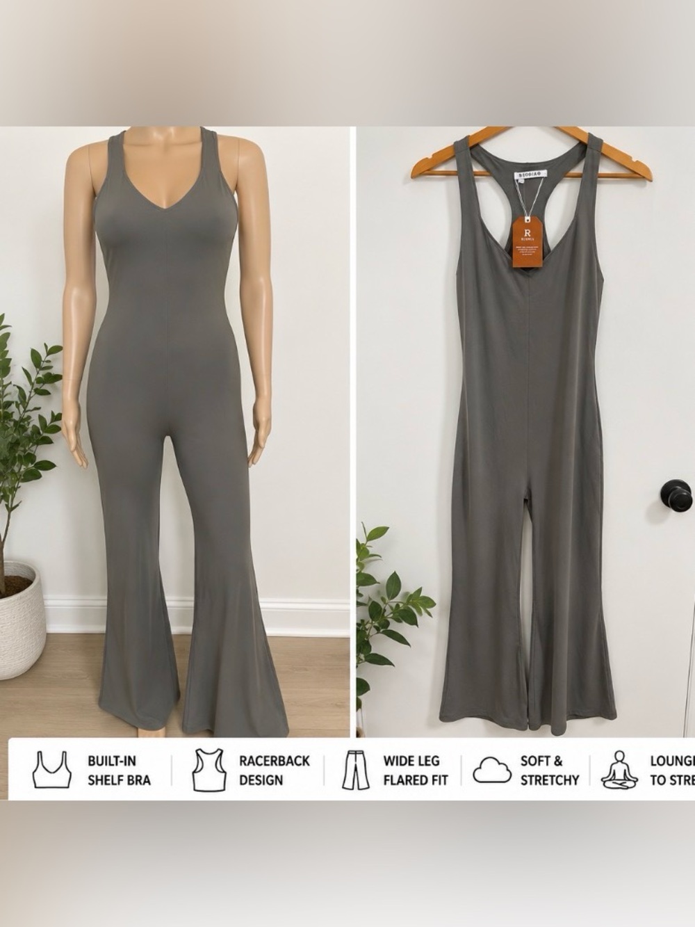 Reoria NWT Racerback Wide Leg Jumpsuit Built In Bra Gray Lounge One Piece